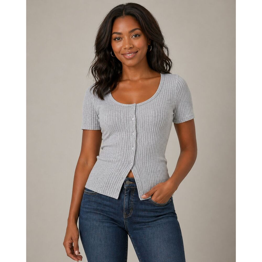GAP Ribbed Baby Tee Button Front Gray XS Y2K Fitted